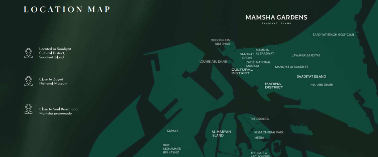 Map of Mamsha Gardens, Saadiyat Island, showing the location of 1–3 bedroom apartments and 2–3 bedroom townhouses for rent and sale by NAS Luxury Real Estate, Abu Dhabi.