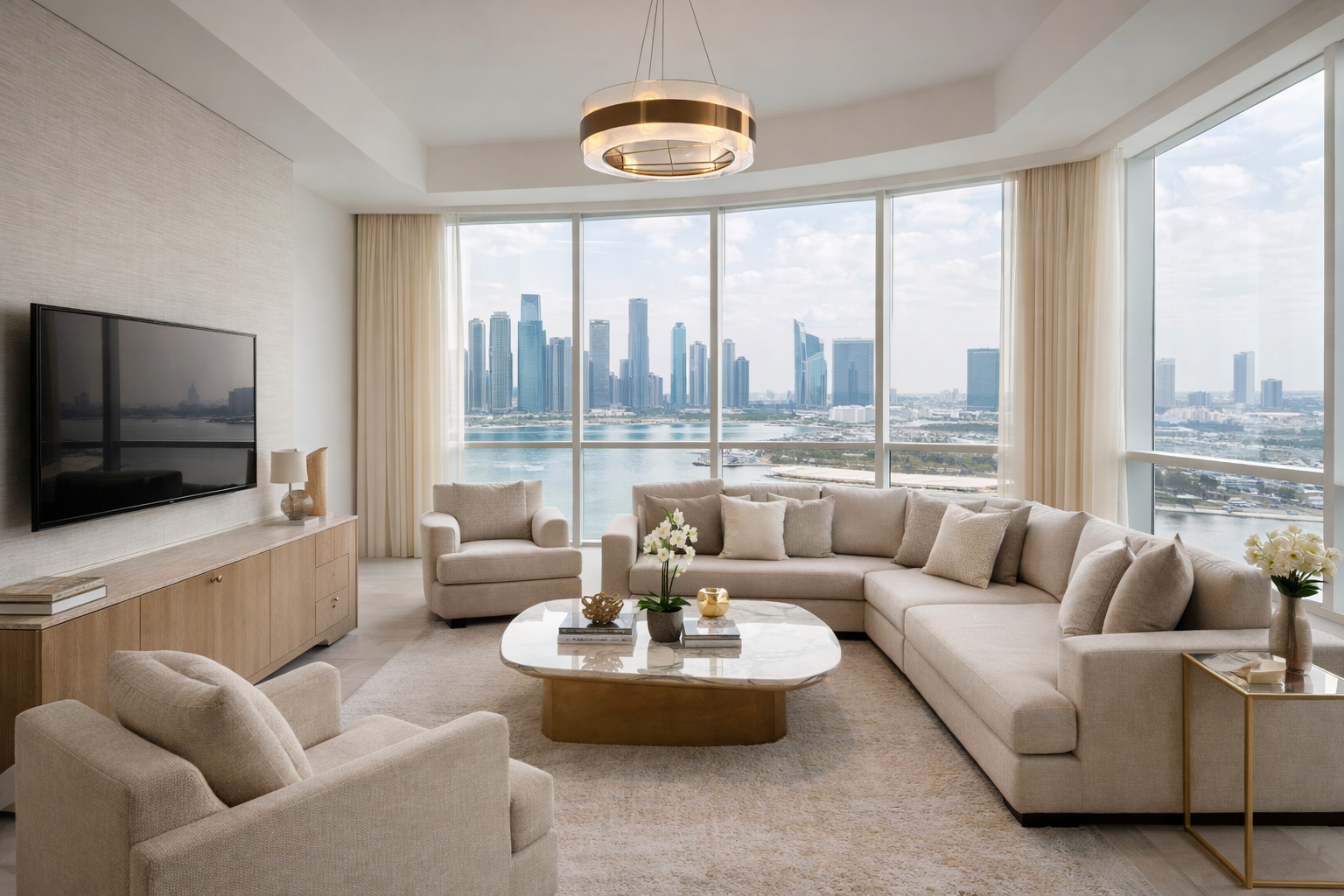 تصميم داخلي لشقق فاخرة في أبوظبي مع إطلالة على أفق الواجهة البحرية يمثل سبب اختيار المالكين لإدارة عقارات ناس