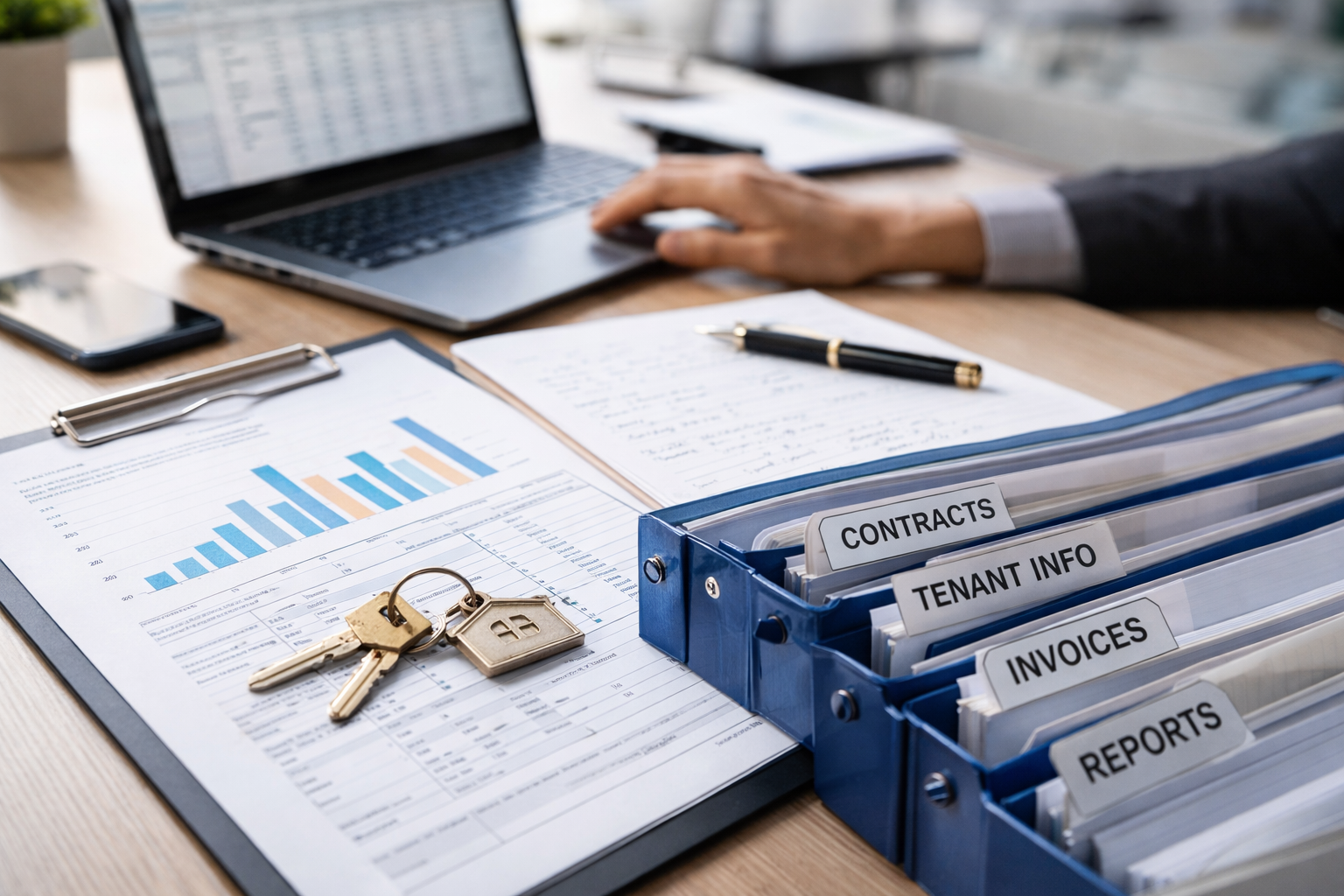 مساحة عمل مخصصة لمدير عقارات مع عقود منظمة وسجلات المستأجرين وتقارير لخدمات إدارة العقارات في أبوظبي
