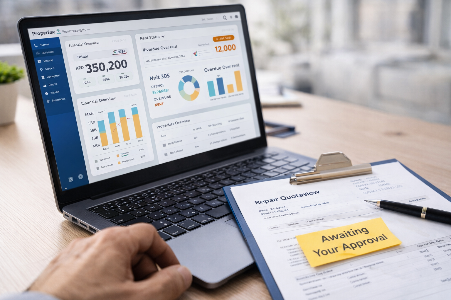 عملية شفافة للإبلاغ عن العقارات والموافقة عليها تُظهر حالة الإيجار وعروض الأسعار وتأكيدات المالك في أبوظبي