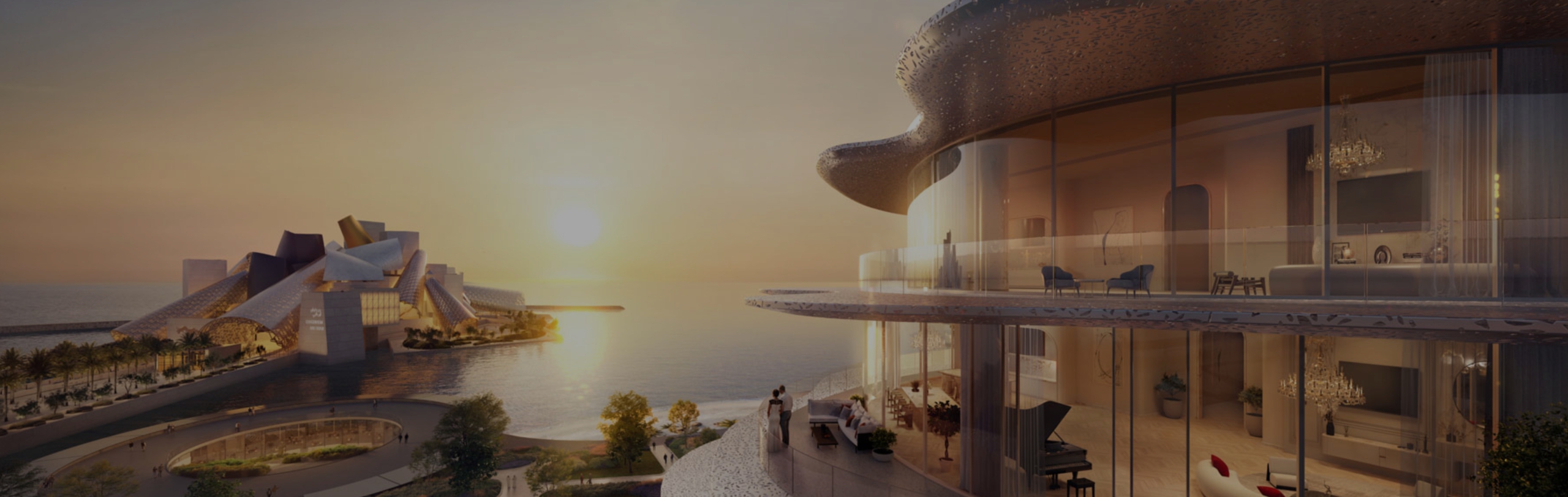 Baccarat Residences Saadiyat exterior terrace at sunset overlooking Louvre Abu Dhabi and waterfront