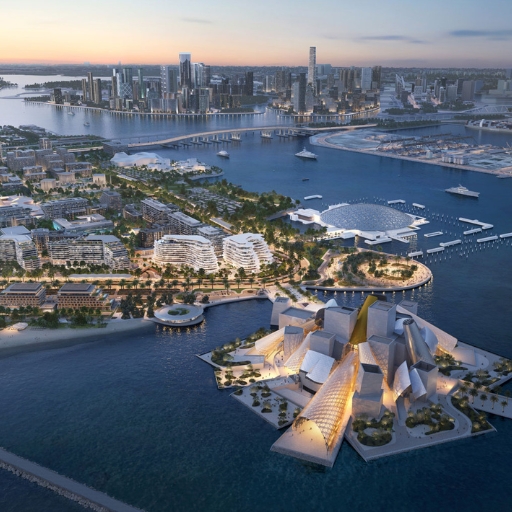 Аэросъемка культурного района Саадият с изображением Baccarat Residences Saadiyat рядом с Лувром Абу-Даби