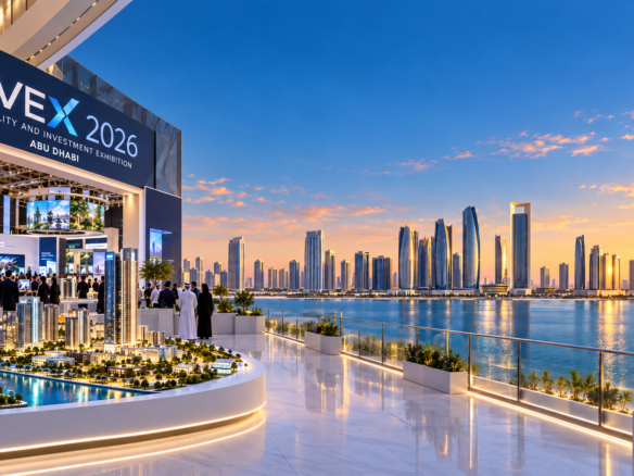 Abu Dhabi LIVEX 2026 exhibition showcasing major development projects, investment opportunities and the Abu Dhabi skyline.