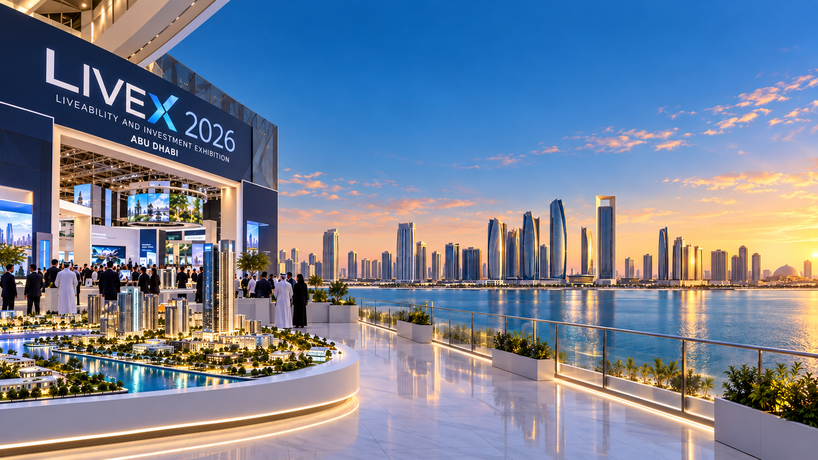 Abu Dhabi LIVEX 2026 exhibition showcasing major development projects, investment opportunities and the Abu Dhabi skyline.